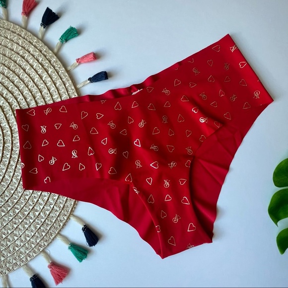 Victoria's Secret No Show Cheeky Panty Red Gold Foil Hearts Small NEW - Picture 1 of 7